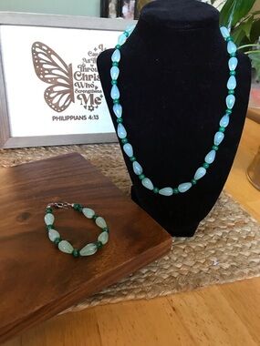 Handcrafted Teardrop Jade Green Bead Necklace, Bracelet Set - Handmade by Evelyn